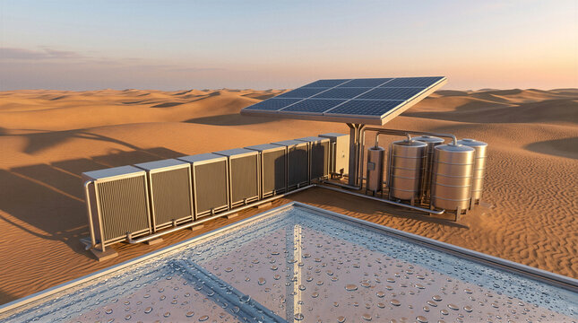 Autonomous solar-powered atmospheric water generation station in arid desert valley, air-to-water condensation technology for sustainable hydration, clean energy relief, golden hour wide view
