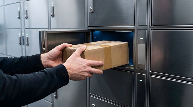 Close-up of person hands sliding a cardboard parcel box into an automated metal post locker for secure pickup or delivery, modern logistics technology and e-commerce shipping service concept.