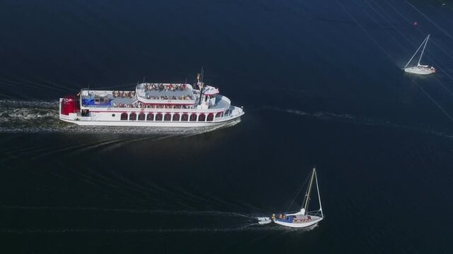 Drone shot, zoom, zoom out, paddle steamer Schlei Princess near Kappeln, Schleswig-Holstein, Germany