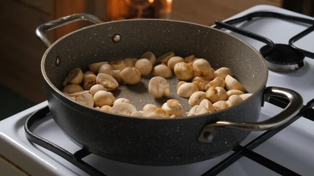 Add fresh champignons into hot frying pan with heated oil in kitchen