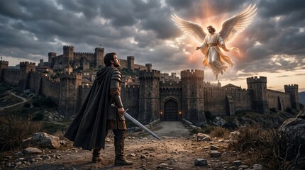 Obraz premium Armored man faces winged figure above a medieval castle. Religious fantasy illustration. Spiritual vision concept.