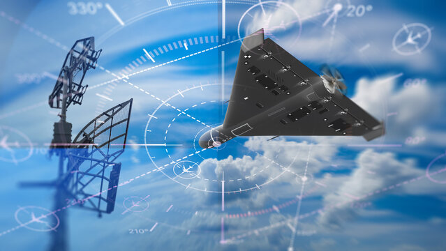 Air defense and drone detection. Military radar systems track an unmanned aerial vehicle in flight using electronic surveillance and targeting technology.