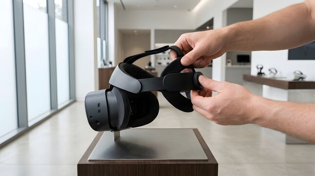 Close-up of male hands adjusting the strap of a modern black virtual reality headset in a bright, minimalist showroom, focusing on the ergonomics and hardware detail of VR technology.