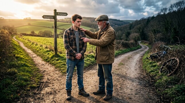 Older man pointing out purpose and integrity signs to another man on a country path. Mentorship and guidance. Personal values and character development.