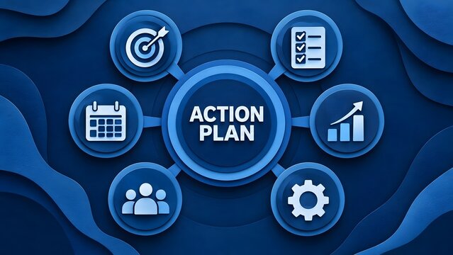 Action plan concept with icons representing goals tasks progress team calendar and operations illustrating business strategy and project management.