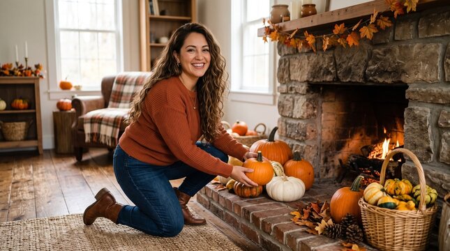 Woman decorating a cozy living room with pumpkins for autumn and Thanksgiving celebration
