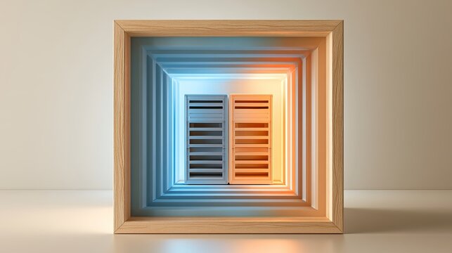Wooden frame displays abstract illusion of layered colors, creating a captivating depth effect for artistic concept