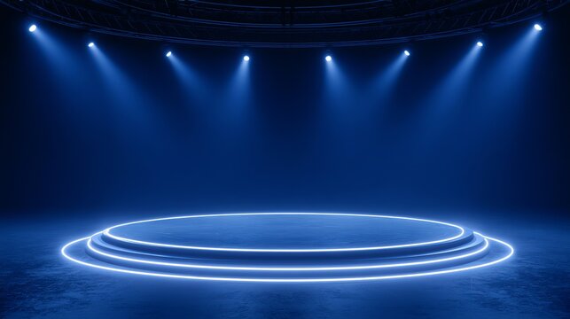 Dramatic blue stage lights illuminate a circular platform, suggesting performance and spotlighting, background for product displays