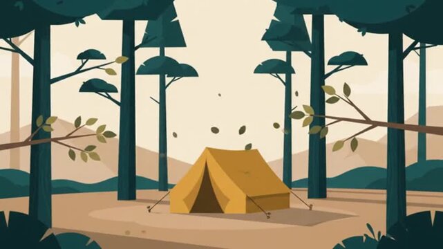 A serene minimalist vector landscape illustration featuring a cozy camping tent nestled within a tranquil pine forest setting under soft natural light