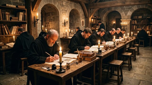 Monks writing manuscripts in a monastery scriptorium. Christian monastic life and religious scholarship.