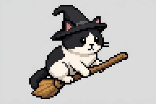 Cute Black & White Cartoon Tuxedo Cat, Purple Witch Wizard Hat Riding Flying Perched on a Broomstick Flying Against a Light Gray Background Pixel Art Style Illustration Spooky Sprite Magical Halloween