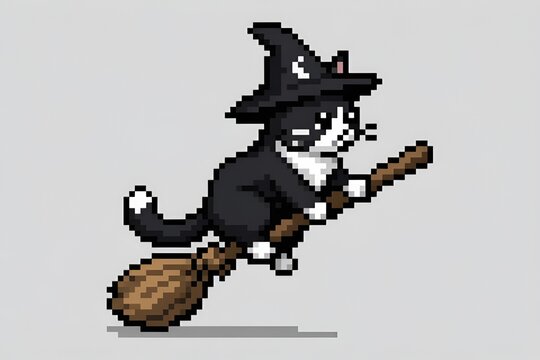 Cute Black & White Cartoon Tuxedo Cat, Purple Witch Wizard Hat Riding Flying Perched on a Broomstick Flying Against a Light Gray Background Pixel Art Style Illustration Spooky Sprite Magical Halloween