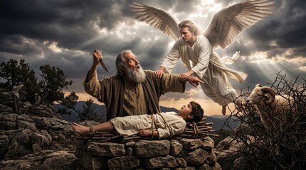 Obraz premium Angel intervening as man raises knife over bound youth at stone altar. Biblical story. Christian religious art