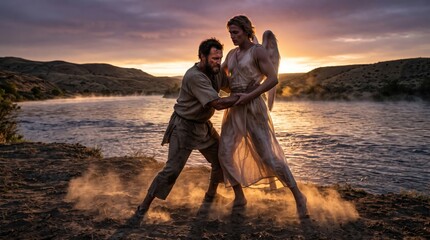 Obraz premium Bearded man supporting winged figure beside water. Biblical religious artwork. Christian spirituality and angelic encounter.