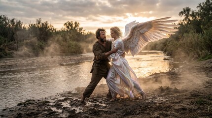 Obraz premium Jesus embracing a winged angel beside a river. Christian religious art. Biblical spirituality concept.