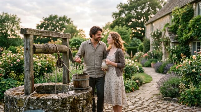 Couple drawing water from a stone well in a garden. Traditional water access. Rural domestic life.