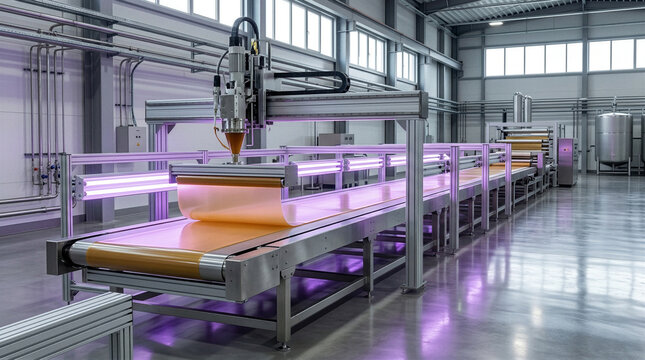 Automated bio-plastic algae deposition head extruding amber bio-polymer sheets onto stainless steel curing belt under UV lamps, sustainable materials technology