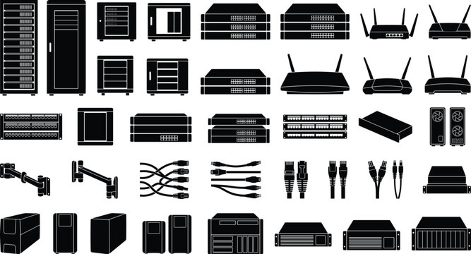 Set of black server rack network router and hardware equipment silhouette icons for technology design