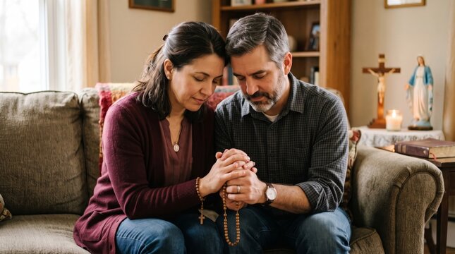 Couple praying with rosary at home. Catholic devotion and Christian faith.