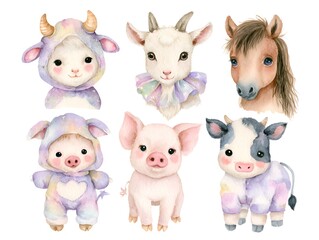 Fototapeta premium Collection of cute watercolor baby farm animals dressed in colorful costumes