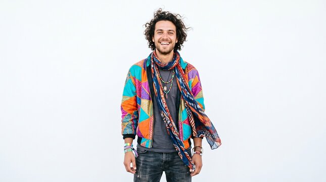 Young Man With Curly Hair Wearing Colorful Bohemian Jacket And Scarf Smiling Against White Background
