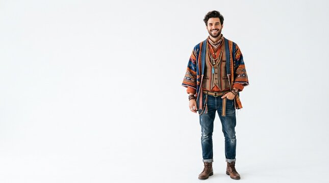 Stylish Man in Bohemian Inspired Outfit with Colorful Patterned Jacket and Jeans on White Background