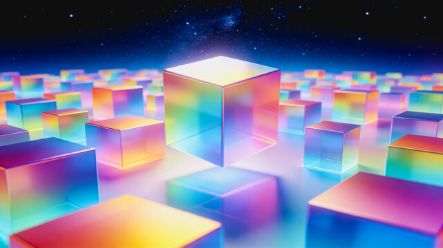 3D rendered iridescent transparent cubes float above a reflective surface against a starry dark sky, creating a futuristic abstract scene.