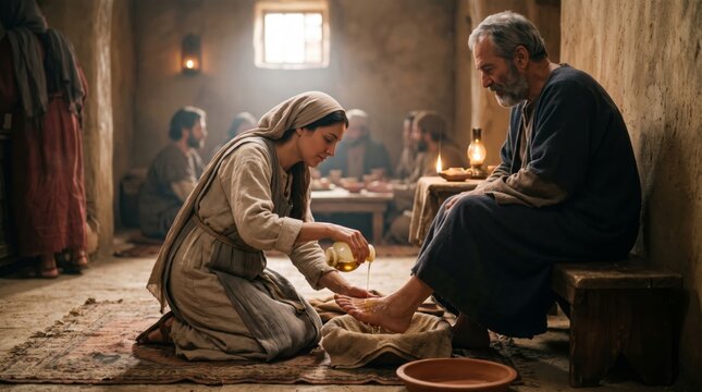 Jesus Christ receiving anointing from kneeling woman in biblical interior. Christian scripture illustration. Catholic religious art.
