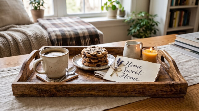 Rustic wooden tray with coffee and chocolate chip cookies. Handwritten Home Sweet Home note with lavender. Cozy living room interior with lit candle
