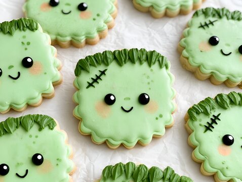 Cute Frankenstein monster sugar cookies decorated with green icing for Halloween