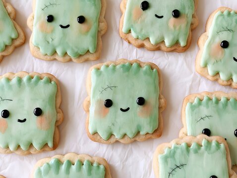 Cute Frankenstein monster sugar cookies with green icing and kawaii faces for Halloween