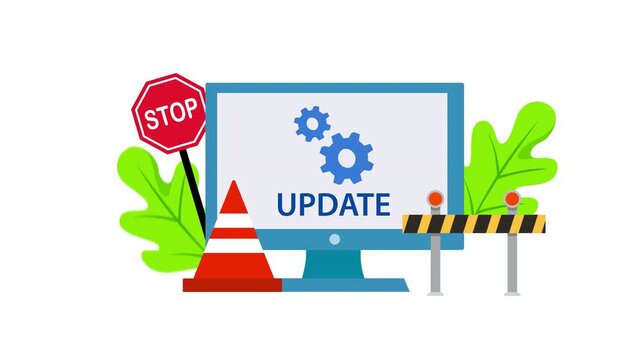 Software Update and System Maintenance Concept with Computer Monitor, Gears, Stop Sign, Traffic Cone and Road Barrier
