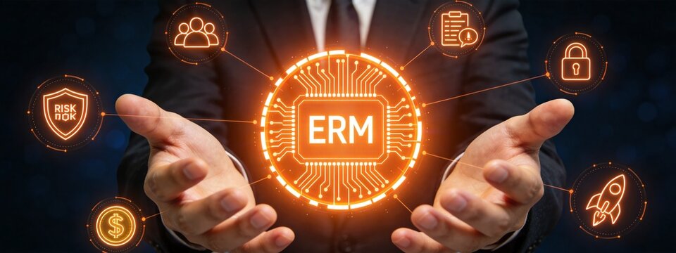 Corporate Enterprise Risk Management ERM Futuristic Holographic Banner With Businessman Hands