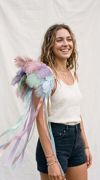 Young woman with pastel feather shoulder accessory and glitter makeup smiling outdoors