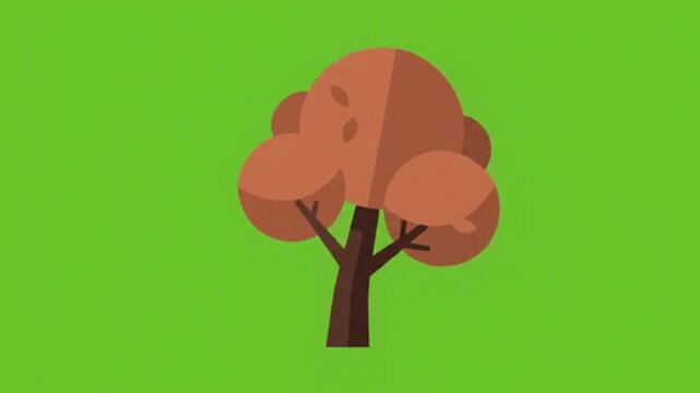 Minimalist vector illustration of a stylized round autumn tree with reddish foliage against a vibrant solid green background for nature design
