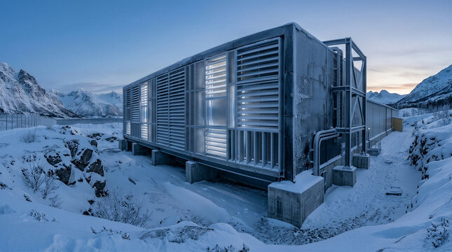 Sub-zero arctic data center exterior free-air cooling intake louvers wall at blue hour in nordic fjord snow landscape, green tech cloud infrastructure stock photo