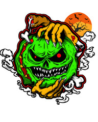 Obraz premium Green Monster Skull with Clawed Hands — Halloween Horror Sticker Illustration
