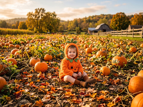 A cute baby in a pumpkin costume sitting among pumpkins and autumn leaves in a sunny pumpkin patch with a barn in the background.