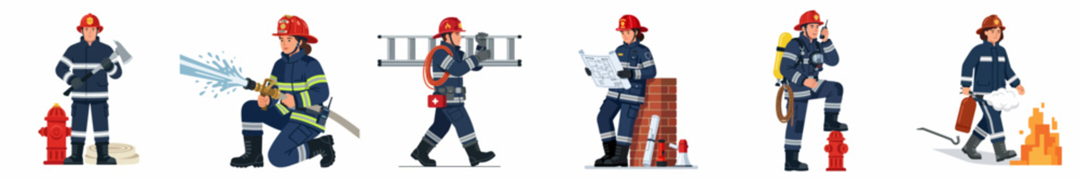 Flat vector illustrations of brave firefighters in uniform performing various rescue operations and fire safety tasks on a white background.