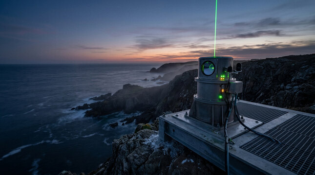 Autonomous laser doppler lidar station projecting vertical green beam on coastal cliff platform at dusk, offshore wind energy resource measurement technology equipment