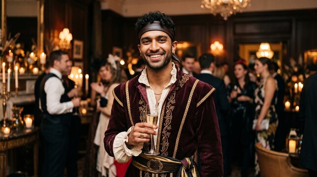 Man in historical costume holding champagne at a fancy party with guests in background