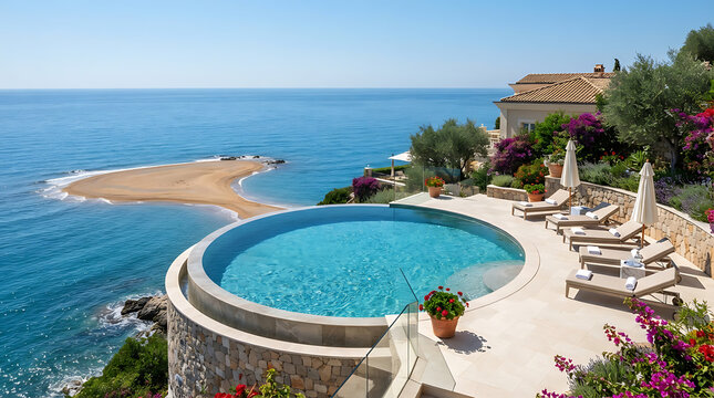 Elevated perspective of round cliffside infinity pool at mediterranean resort with panoramic views of a sandy peninsula