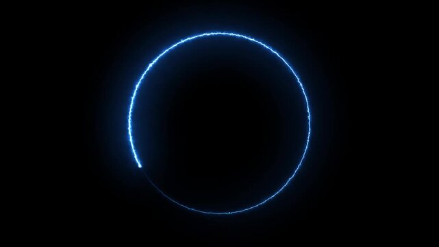 Neon blue light circle rotating on dark background loop.