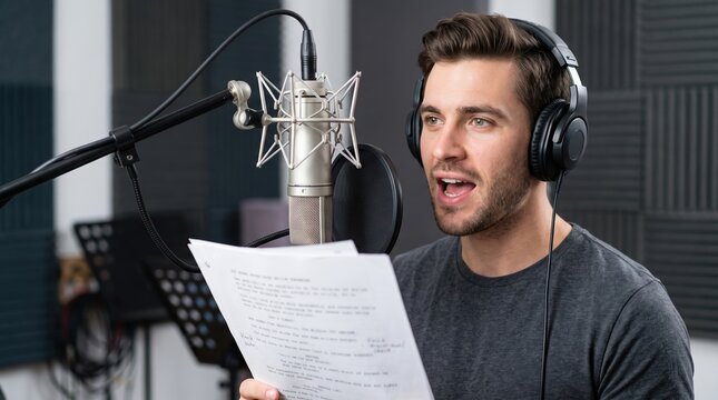 Professional man wearing headphones stands inside a soundproof recording booth to record a script with a high quality studio microphone during his