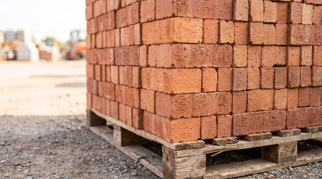 Large stack of red clay bricks resting on a wooden pallet sits in an outdoor construction area during the day while other supplies wait in the