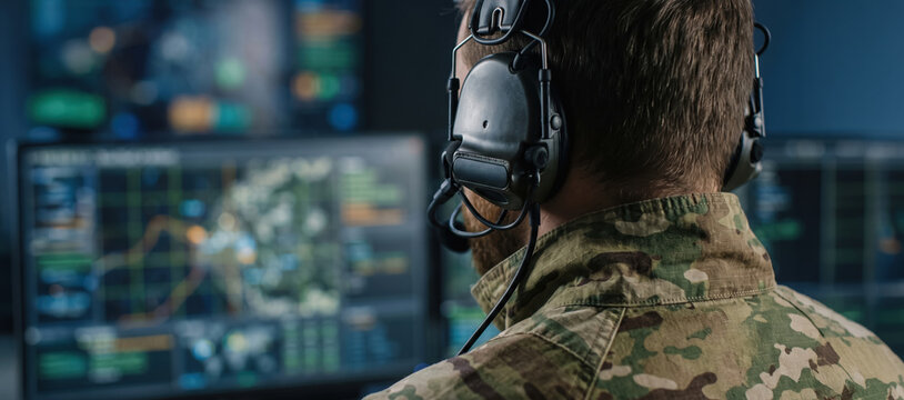 Military soldier wearing tactical camouflage uniform works in a dark control room while looking at digital maps on computer screens during a night