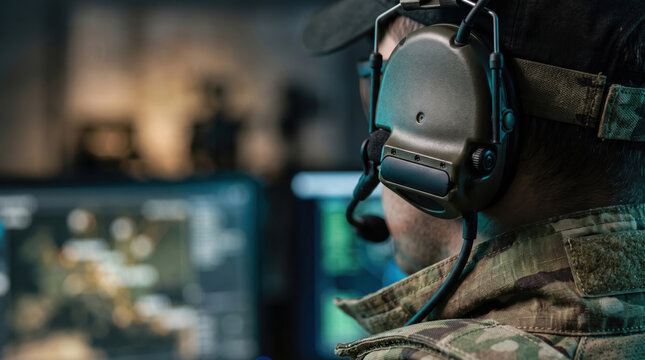 A tactical specialist in camo gear monitors digital intelligence on multiple screens, wearing an audio headset in a dimly lit operations center