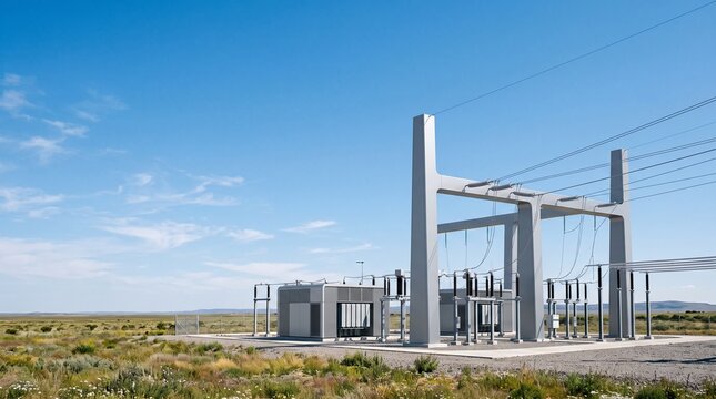 Modern electrical substation with concrete structures and power lines under a clear blue sky