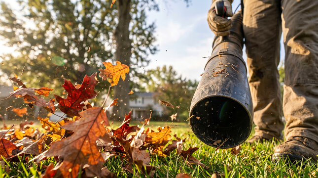 Person uses a gas powered leaf blower to gather dry brown leaves on a grass lawn during the fall season while sunlight shines through the tall trees