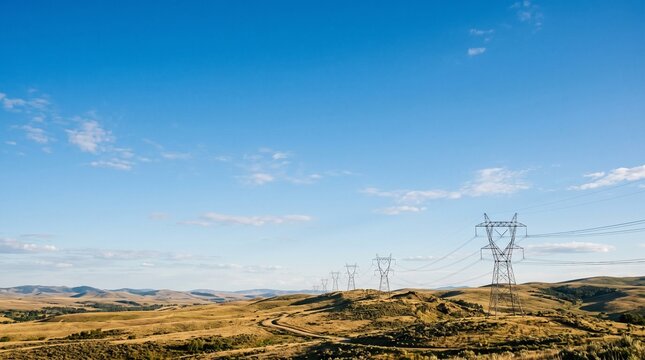 Power lines stretch across rolling golden hills under a vast blue sky with scattered clouds
